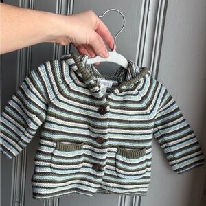 3/6M Baby GYMBOREE Knit Striped Sweater Button Up Cardigan with Hood Green Blue